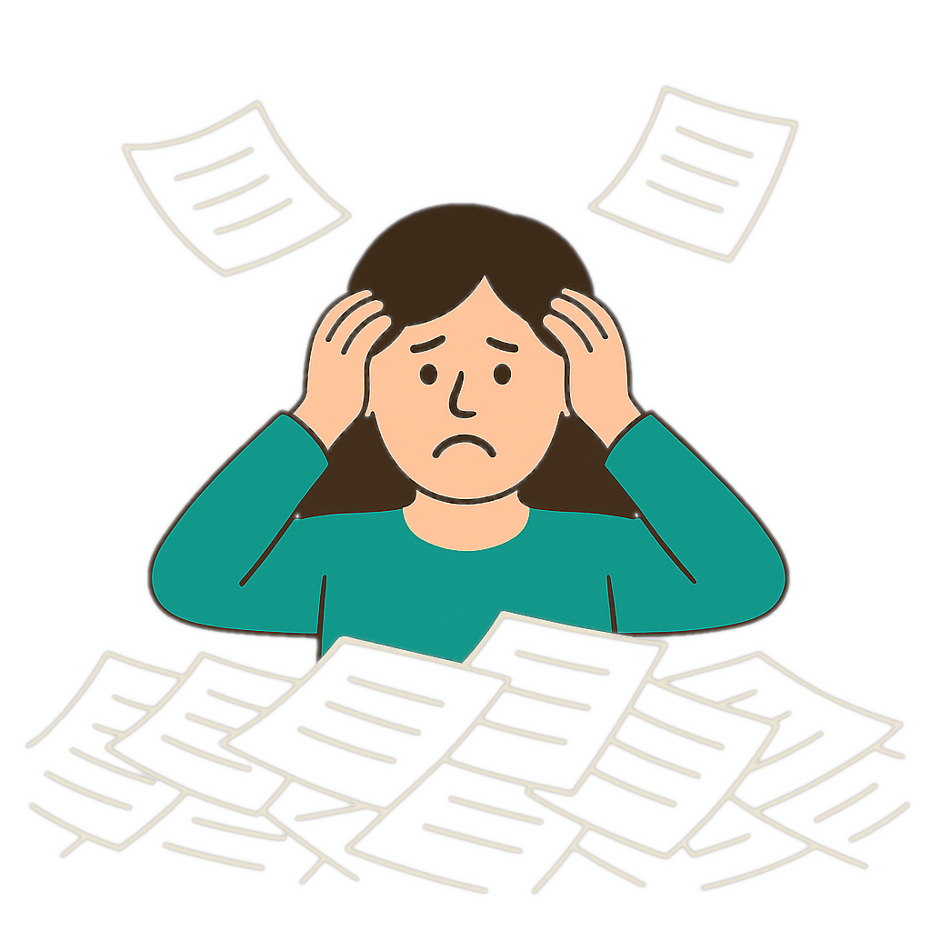 Illustration of a person overwhelmed by paperwork and the stress of job searching