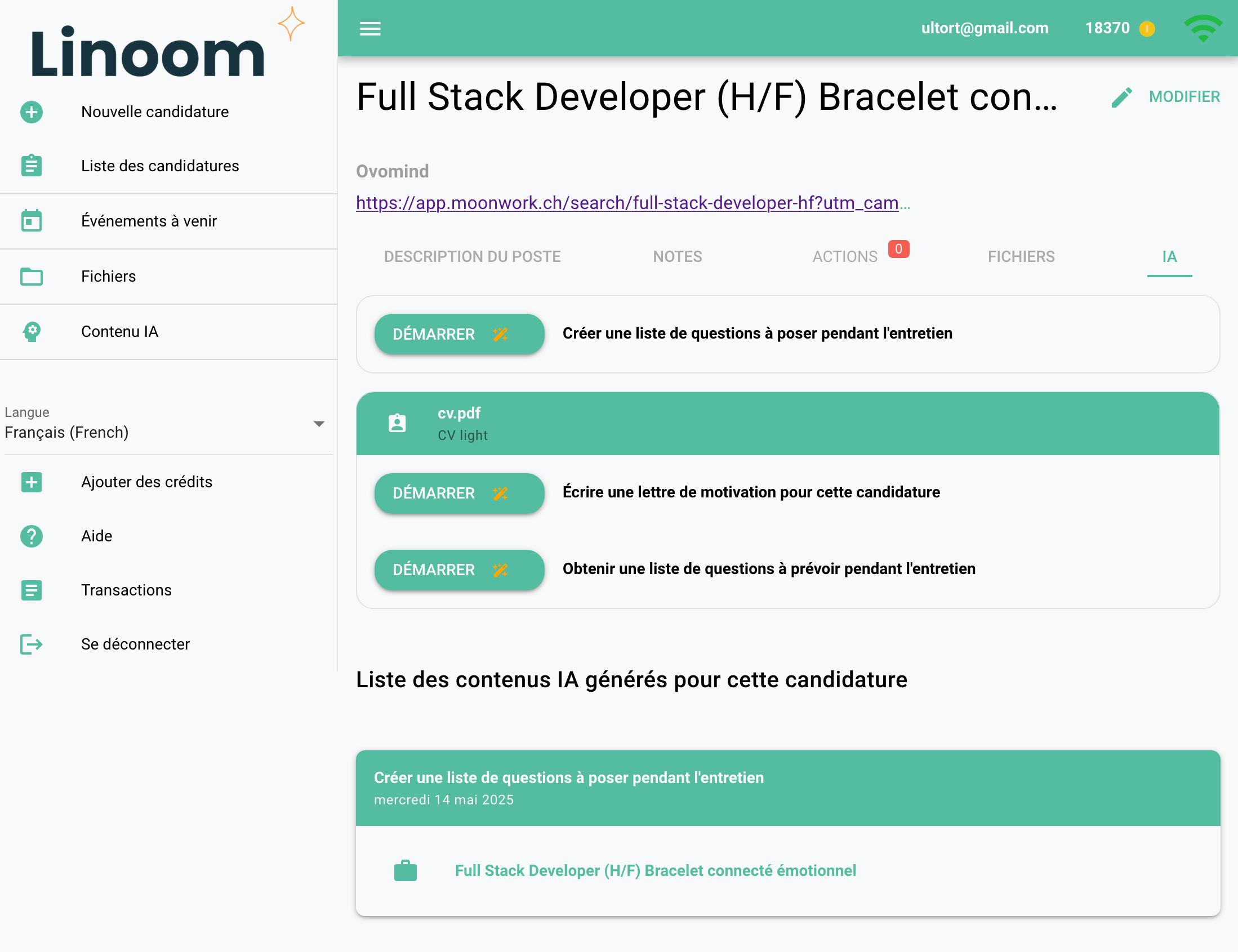 Screenshot of the Linoom AI feature generating a cover letter.